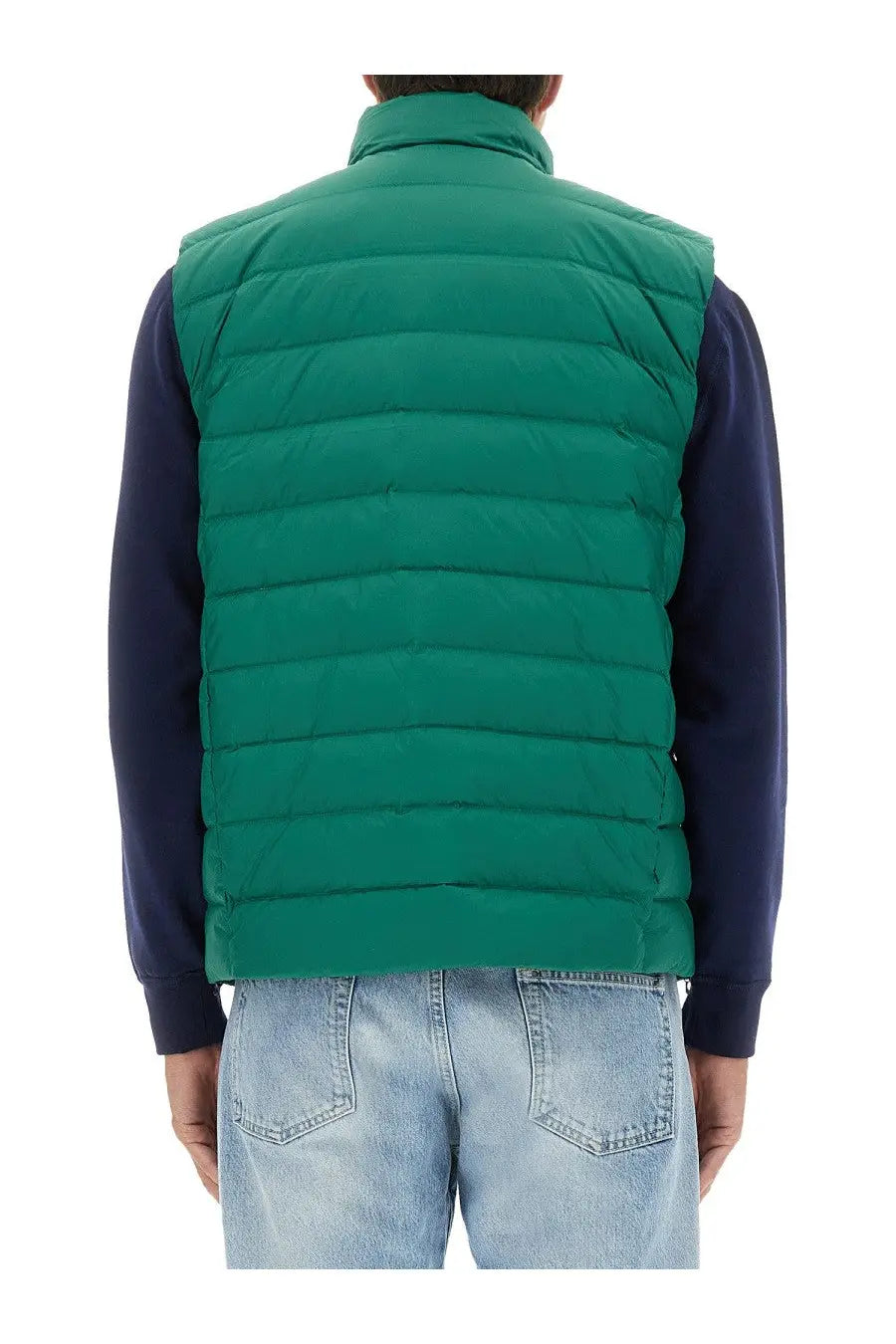 Polo Ralph Lauren men’s green quilted puffer vest with high collar and horizontal stitching for cold weather