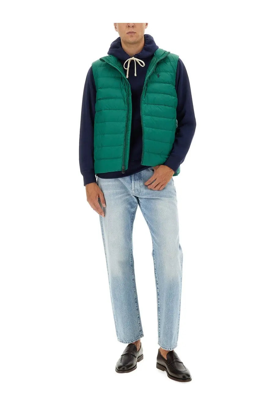 Polo ralph lauren men’s green quilted puffer vest with white drawstring and embroidered logo front view