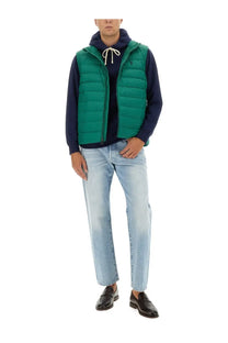 Polo ralph lauren men’s green quilted puffer vest with white drawstring and embroidered logo front view