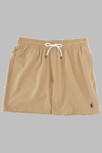 Beige Polo Ralph Lauren men’s swim trunks with white drawstring and navy polo player logo for beachwear