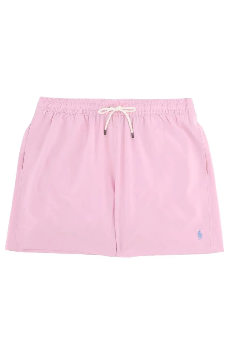 Pink polo ralph lauren men’s swim trunks with white drawstring and blue polo player logo on lower right leg