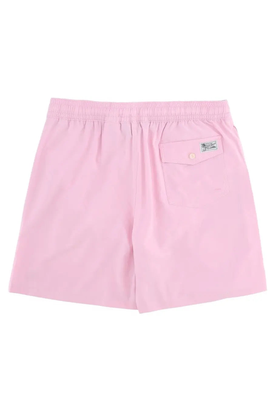 Back view of polo ralph lauren men’s pink swim trunks with elastic waistband and a single buttoned pocket