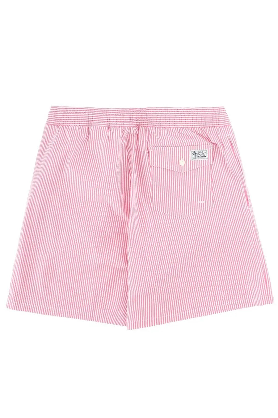 Back view of polo ralph lauren men’s pink and white striped swim trunks with a small back pocket for beach wear
