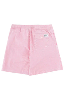 Back view of polo ralph lauren men’s pink and white striped swim trunks with a small back pocket for beach wear