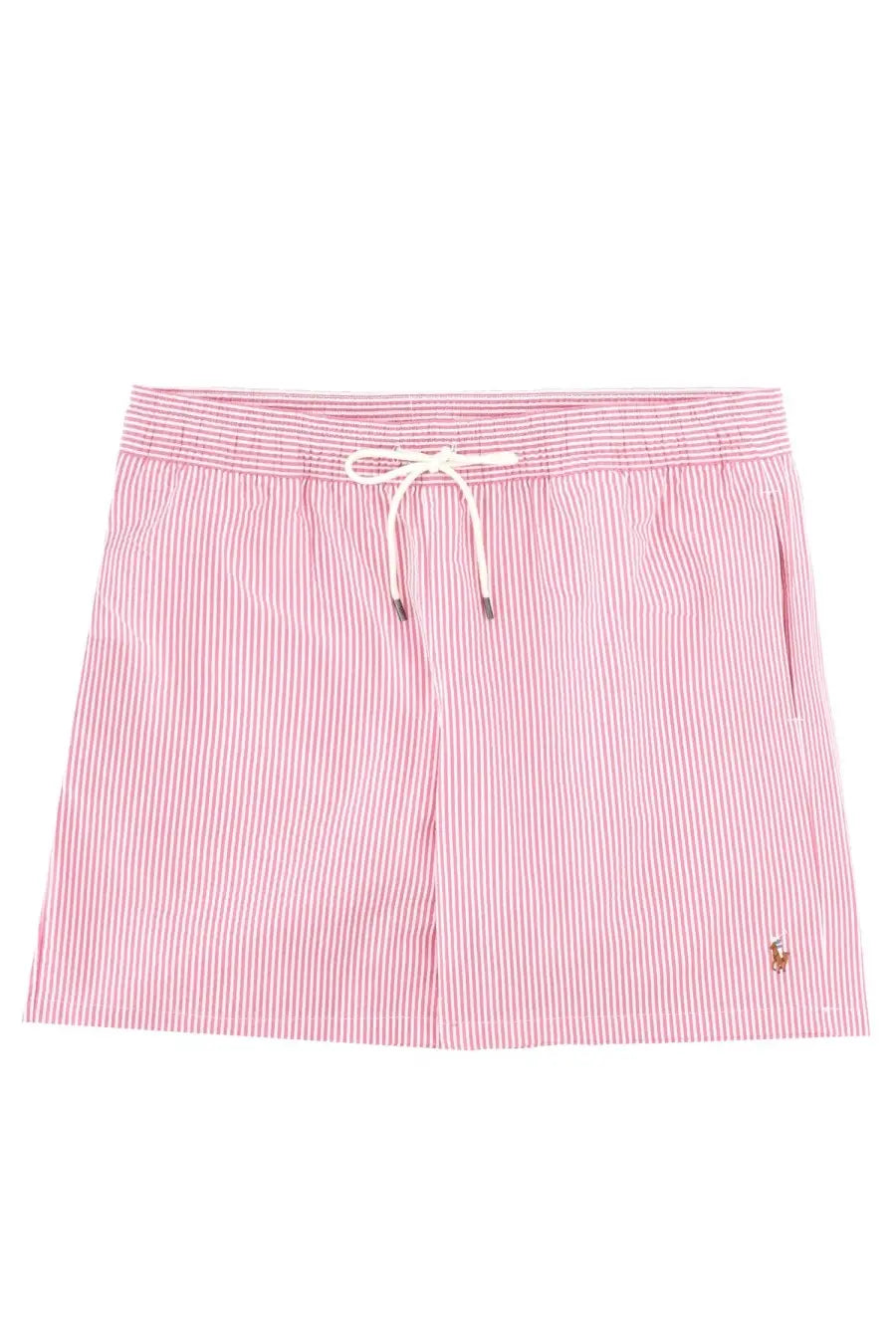 Polo ralph lauren men’s swim trunks pink and white striped with drawstring waistband for beachwear