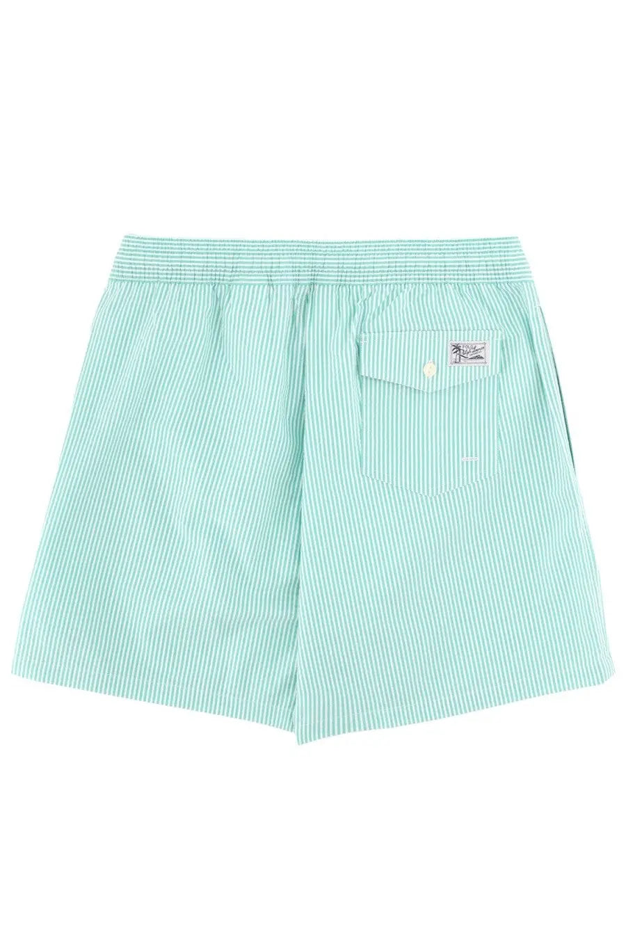 Back side of polo ralph lauren men’s swim trunks in light green and white stripes with a buttoned back pocket