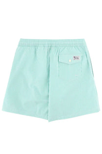 Back side of polo ralph lauren men’s swim trunks in light green and white stripes with a buttoned back pocket