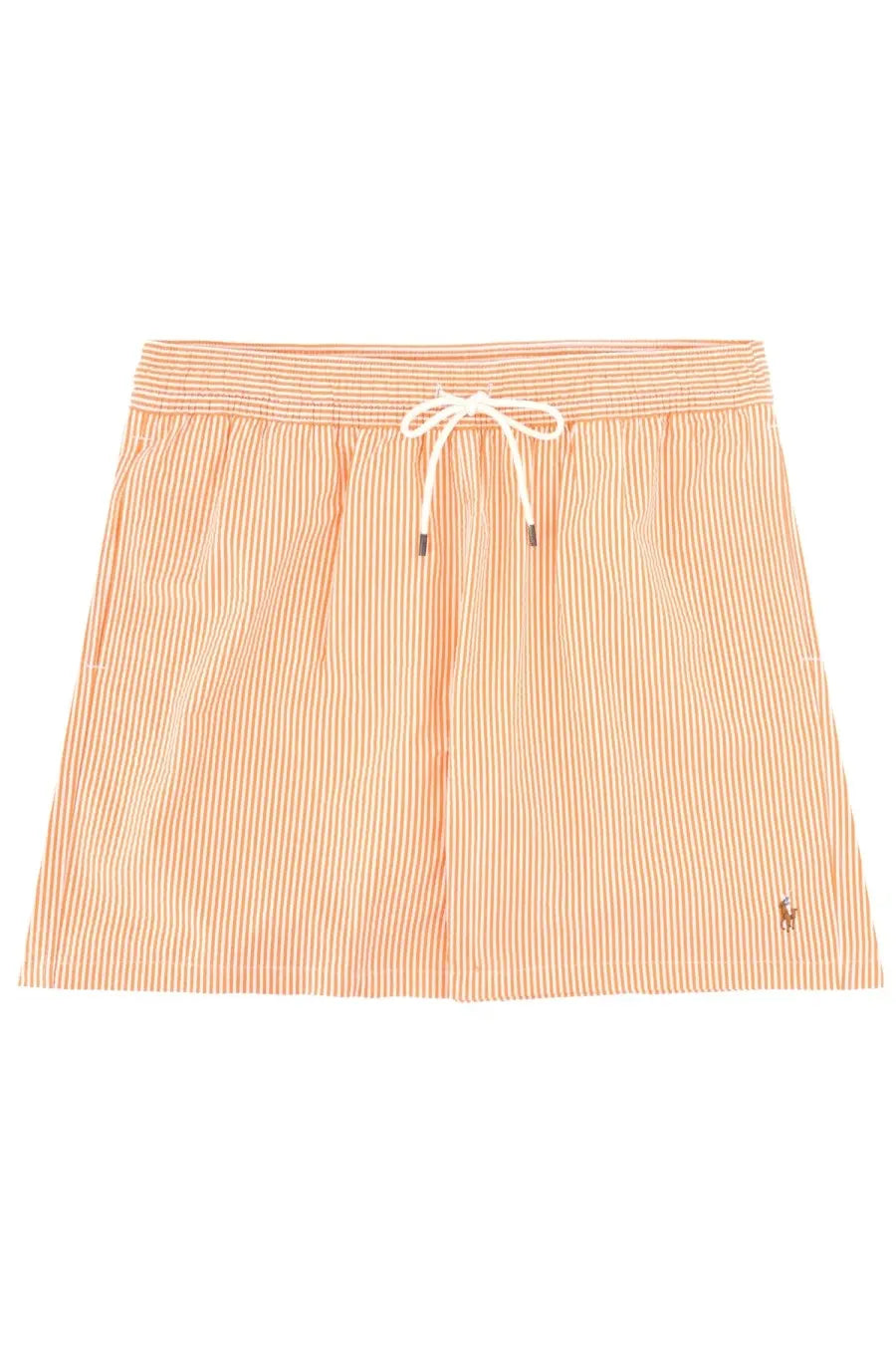 Polo Ralph Lauren men’s swim trunks with peach and white stripes and a drawstring waistband for beachwear