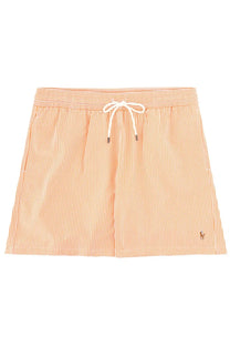 Polo Ralph Lauren men’s swim trunks with peach and white stripes and a drawstring waistband for beachwear