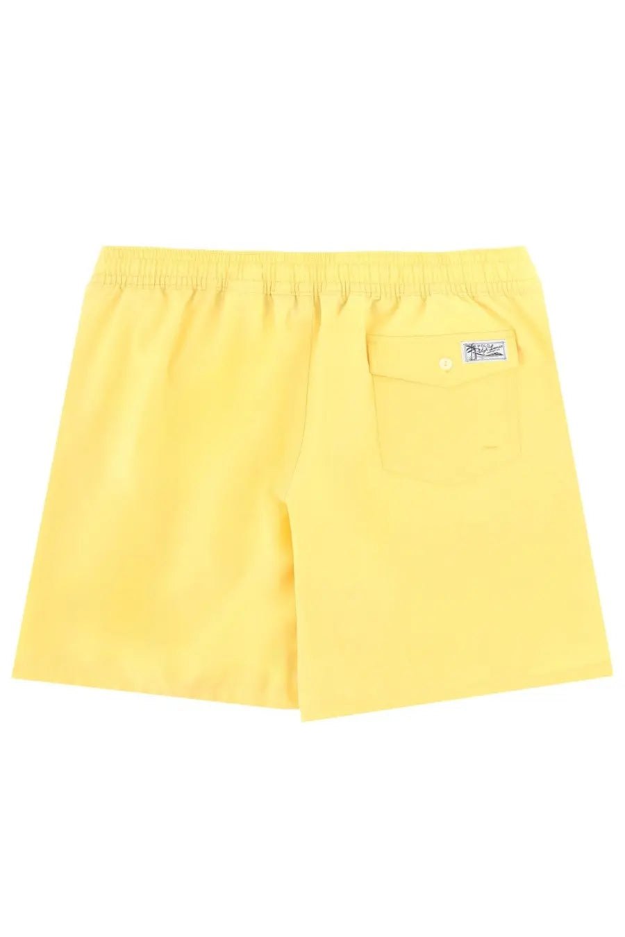 Bright yellow Polo Ralph Lauren men’s swim trunks with elastic waistband and branded patch on back pocket backside view
