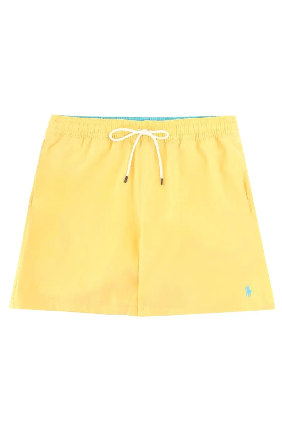 Polo ralph lauren men’s bright yellow swim trunks with white drawstring and blue embroidered logo on lower left leg