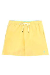 Polo ralph lauren men’s bright yellow swim trunks with white drawstring and blue embroidered logo on lower left leg