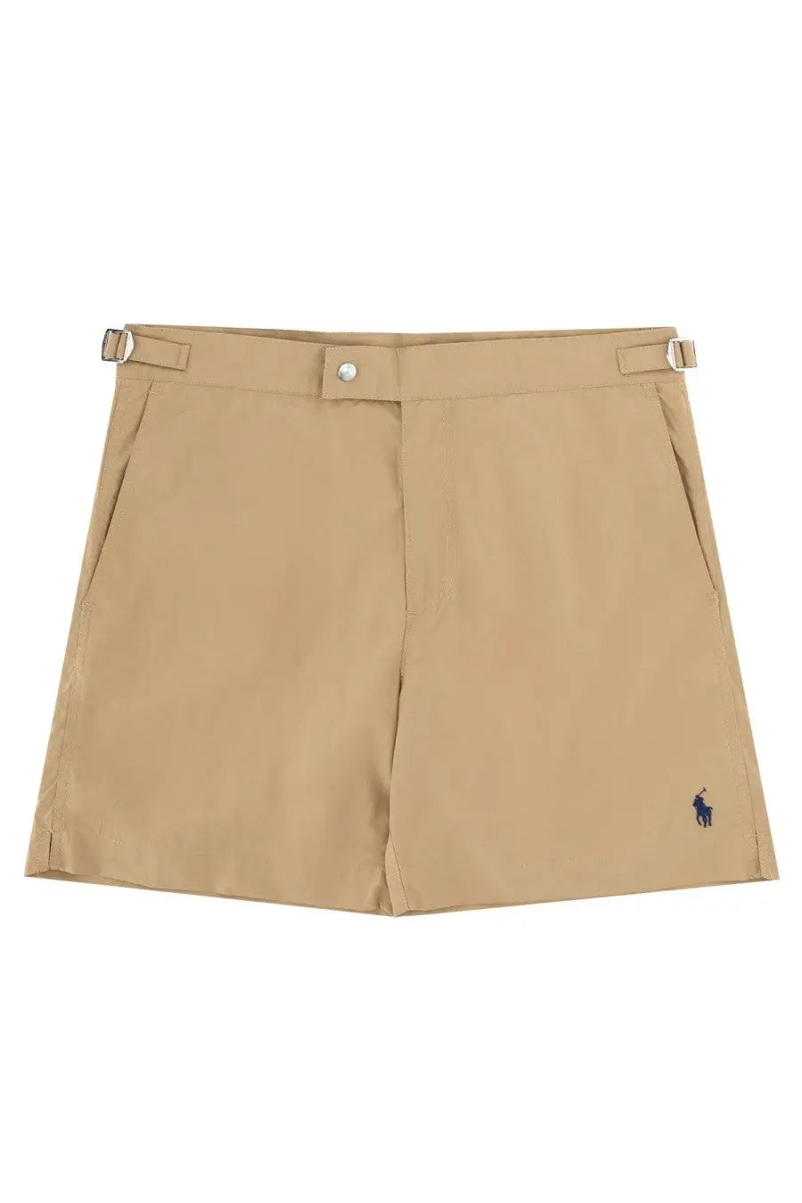 Beige Polo Ralph Lauren men’s costume Monaco shorts with button, belt loops, and blue polo player logo on lower left leg