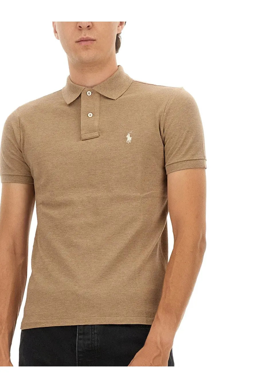 Beige cotton polo ralph lauren men’s shirt with subtle textured weave white embroidered logo and buttoned collar
