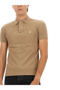 Beige cotton polo ralph lauren men’s shirt with subtle textured weave white embroidered logo and buttoned collar