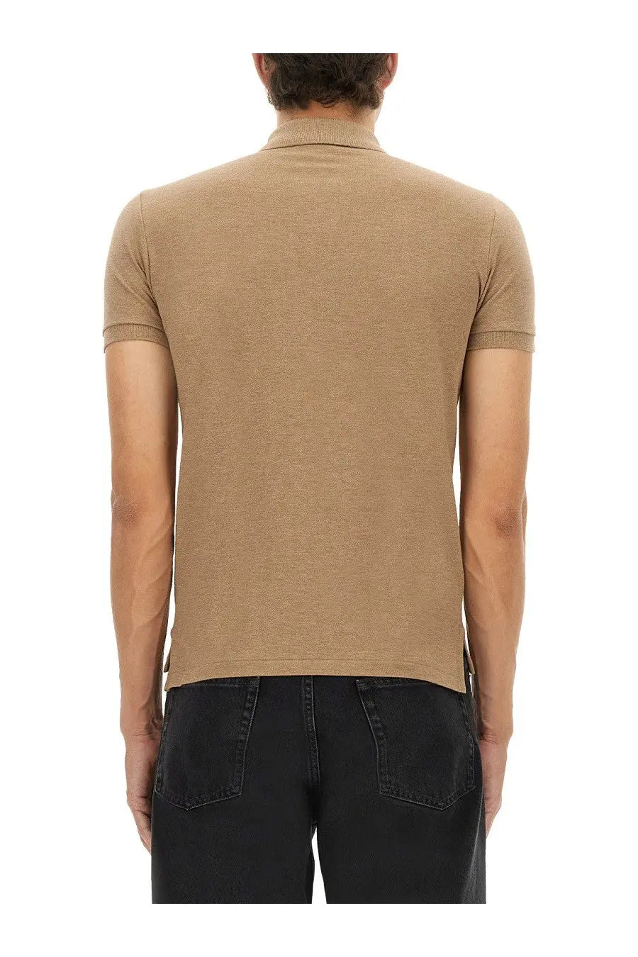 Beige short-sleeved polo shirt with ribbed collar and cuffs made of cotton by Polo Ralph Lauren for men