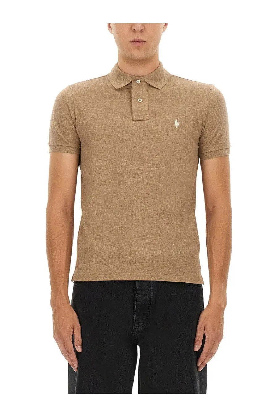 Beige textured cotton polo shirt with small embroidered horse logo on left chest by Polo Ralph Lauren men