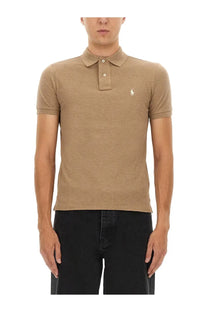 Beige textured cotton polo shirt with small embroidered horse logo on left chest by Polo Ralph Lauren men
