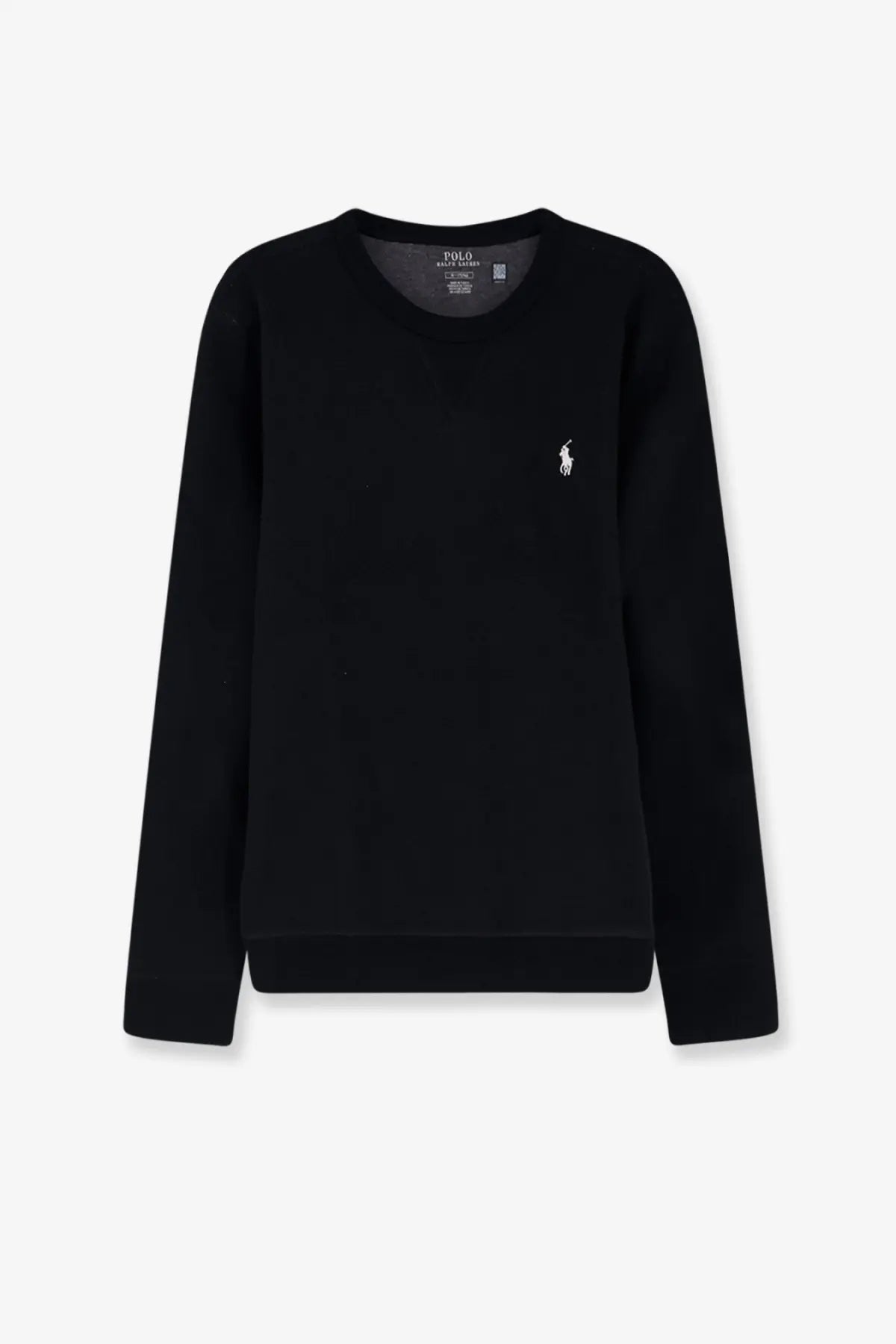 Black long-sleeved cotton blend crewneck sweatshirt with white embroidered polo player logo by Polo Ralph Lauren
