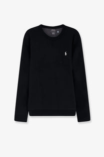 Black long-sleeved cotton blend crewneck sweatshirt with white embroidered polo player logo by Polo Ralph Lauren
