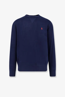 Navy blue polo ralph lauren men’s cotton blend crewneck sweatshirt with red embroidered polo player logo on left chest