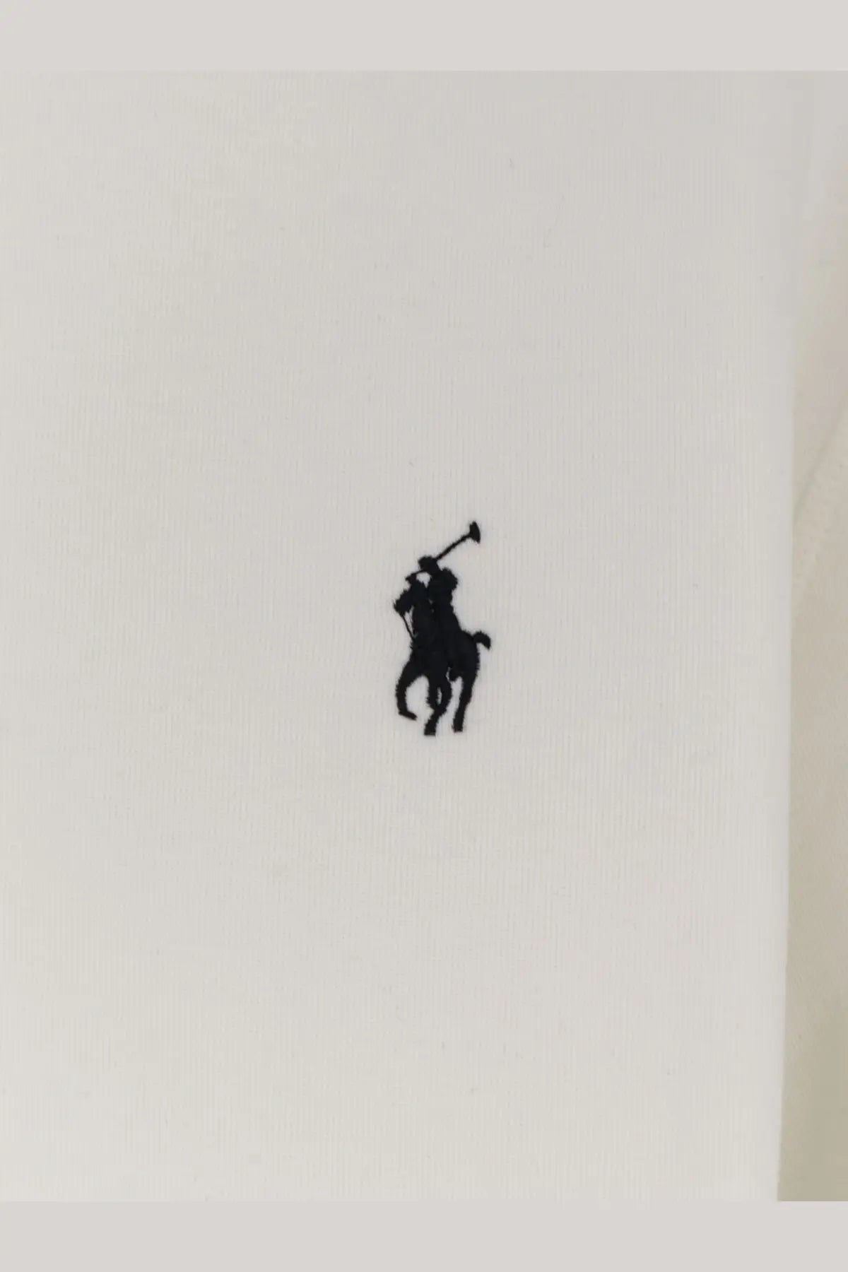 Black embroidered Polo Ralph Lauren logo on white cotton blend fabric of men’s sweatshirt