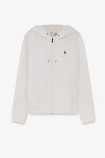 Cream-colored Polo Ralph Lauren men’s cotton blend zip-up hoodie with black embroidered polo logo and matching drawstrings