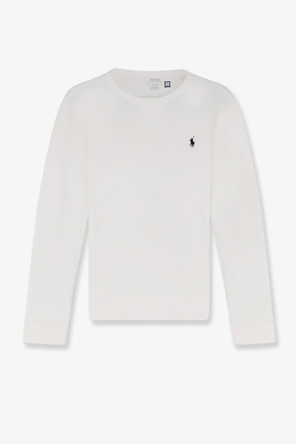 White long-sleeved cotton blend crew neck sweatshirt with black embroidered polo ralph lauren logo on left chest