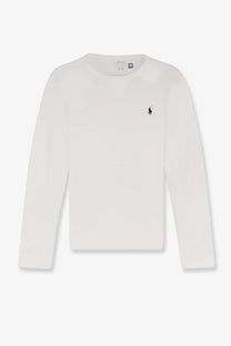 White long-sleeved cotton blend crew neck sweatshirt with black embroidered polo ralph lauren logo on left chest