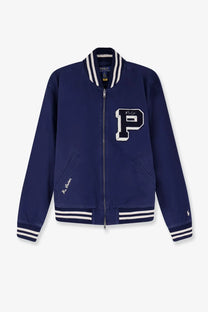 Navy blue Polo Ralph Lauren men’s cotton bomber jacket with white lettering and striped trim front view