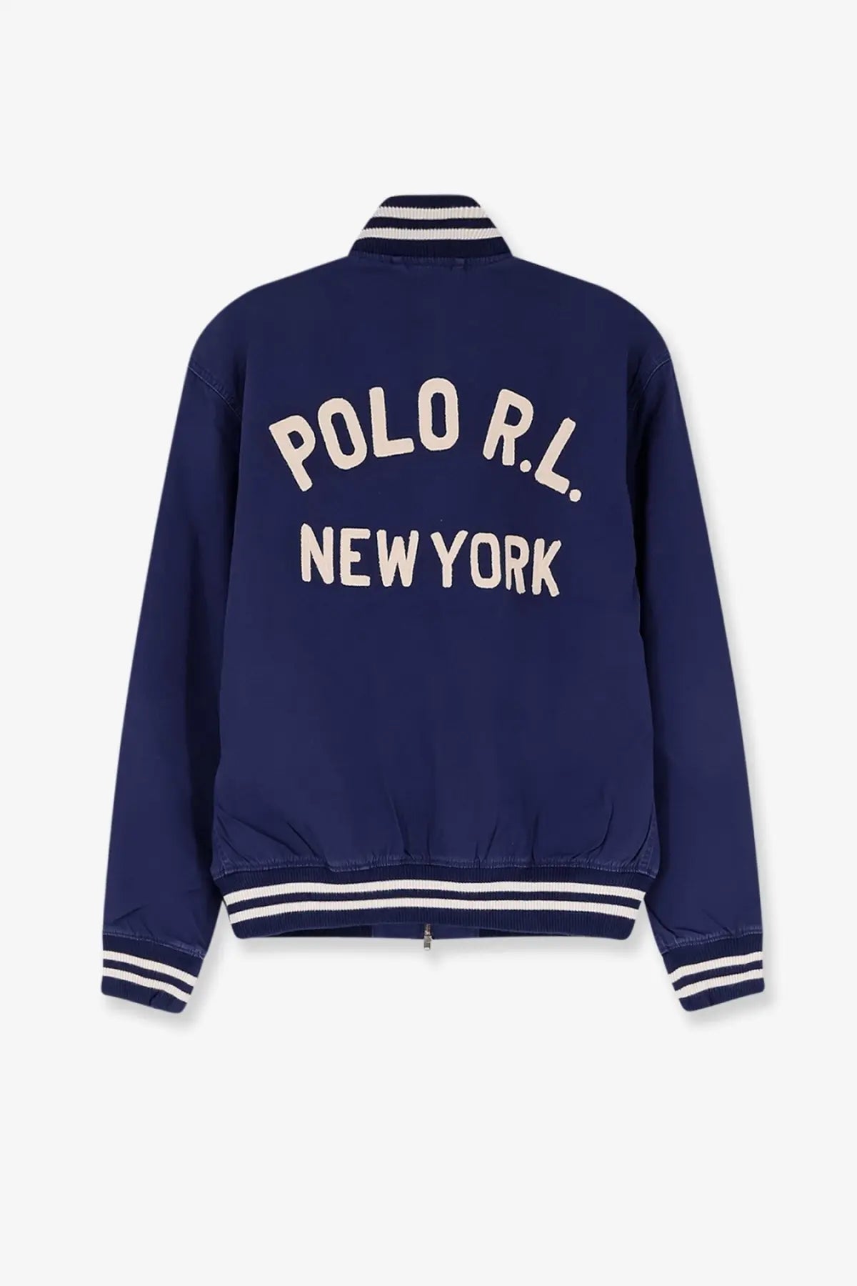 Navy blue cotton bomber jacket with white embroidered polo r l logo by Polo Ralph Lauren for men