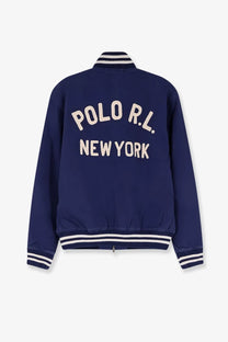 Navy blue cotton bomber jacket with white embroidered polo r l logo by Polo Ralph Lauren for men