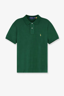 Dark green polo ralph lauren men’s cotton polo shirt with gold embroidered horse and rider logo and two-button placket