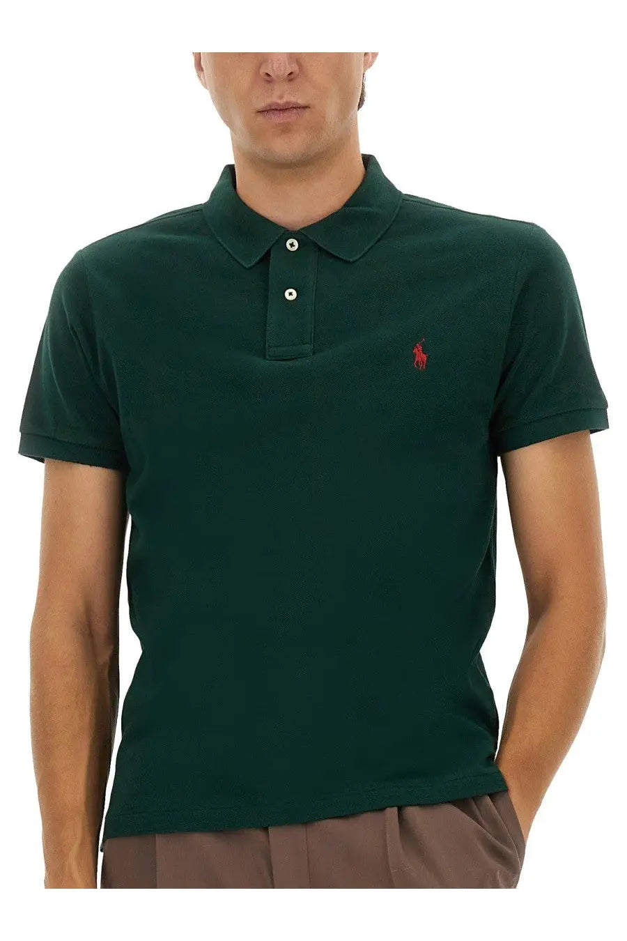 Dark green cotton polo shirt with red embroidered Ralph Lauren logo on left chest for men