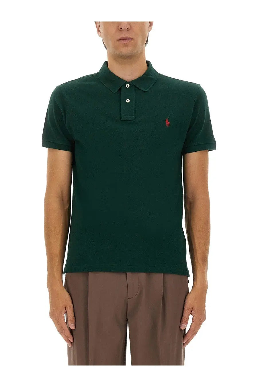 Dark green polo ralph lauren men’s cotton polo shirt with red embroidered horse logo on the left chest