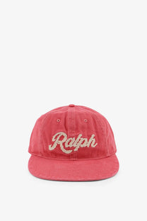 A coral cotton twill baseball cap with cream embroidered ralph logo by Polo Ralph Lauren men’s cotton hat red