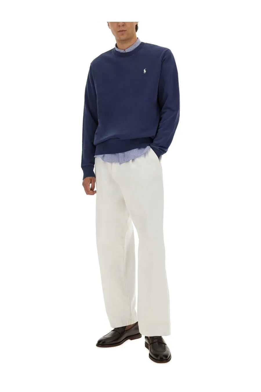 Navy blue Polo Ralph Lauren men’s cotton jersey crewneck sweater with small embroidered polo player logo on left chest
