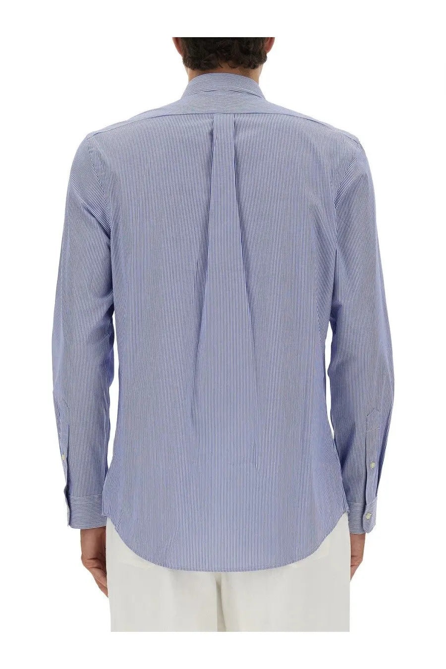 Polo Ralph Lauren men’s cotton shirt in light blue and white vertical stripes with a classic collar and long sleeves