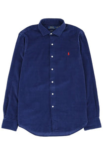 Navy blue corduroy Polo Ralph Lauren men’s cotton button-down shirt with red embroidered polo player logo on left chest