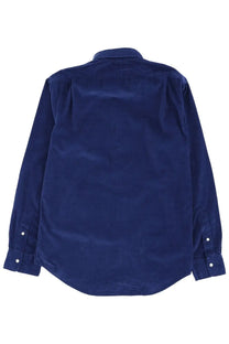 Navy blue corduroy long-sleeved button-up shirt with classic collar and cuffs by Polo Ralph Lauren men cotton shirt
