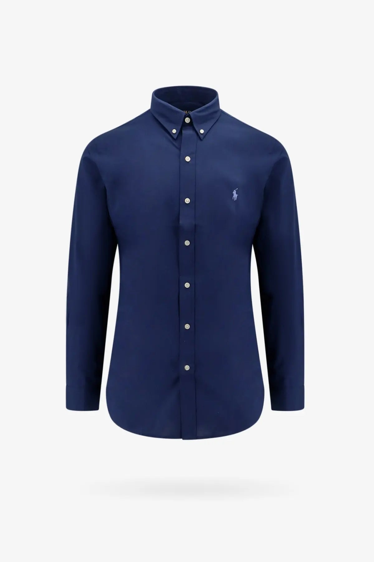 Navy blue long-sleeved cotton button-down shirt with subtle embroidered polo player logo on the left chest by Polo Ralph Lauren