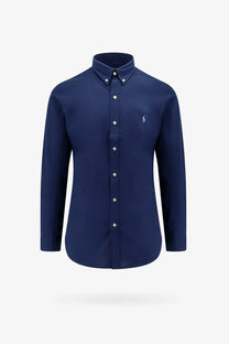 Navy blue long-sleeved cotton button-down shirt with subtle embroidered polo player logo on the left chest by Polo Ralph Lauren