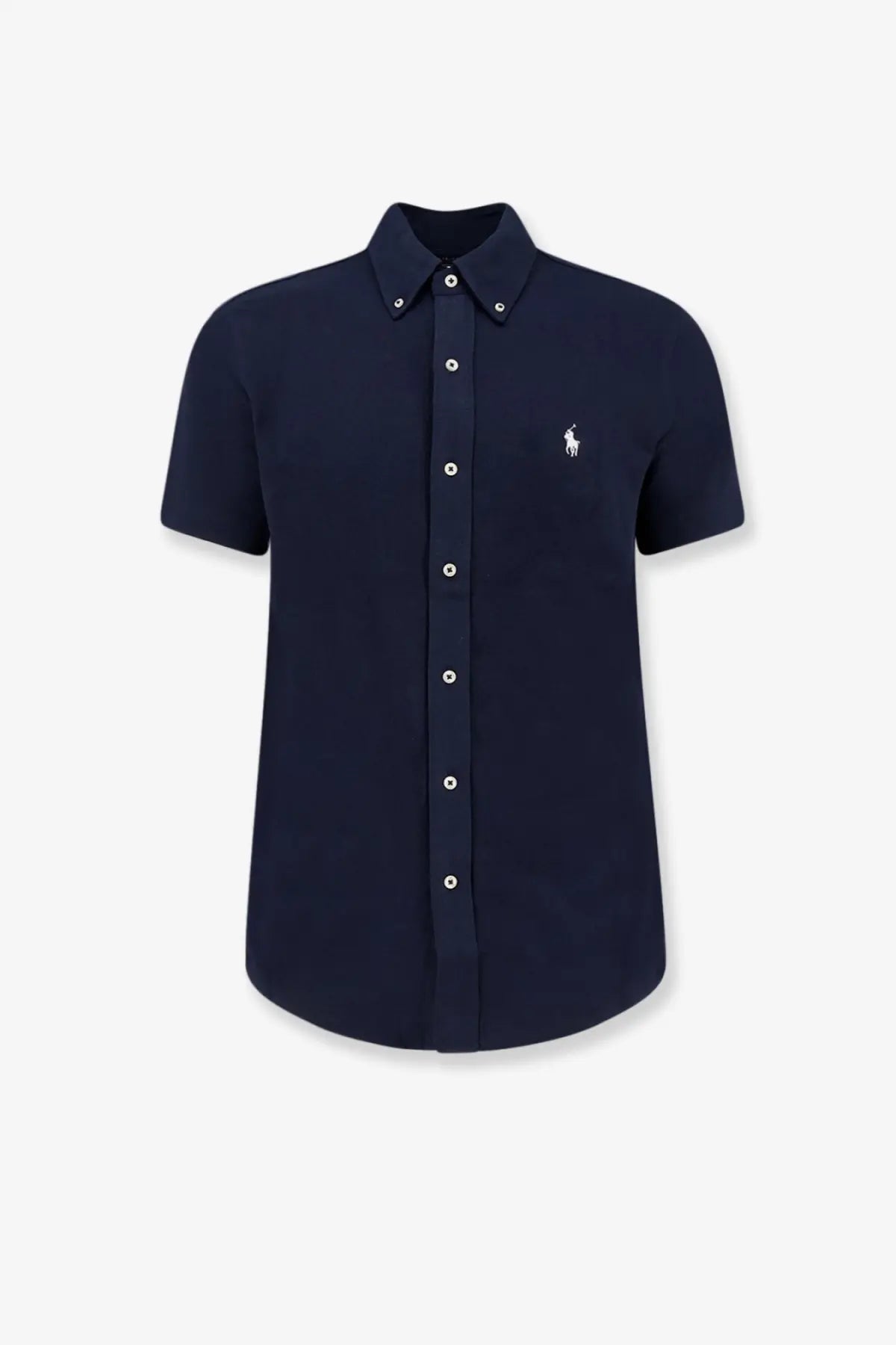 Polo ralph lauren men’s cotton navy blue short-sleeved button-down shirt with white buttons and embroidered logo