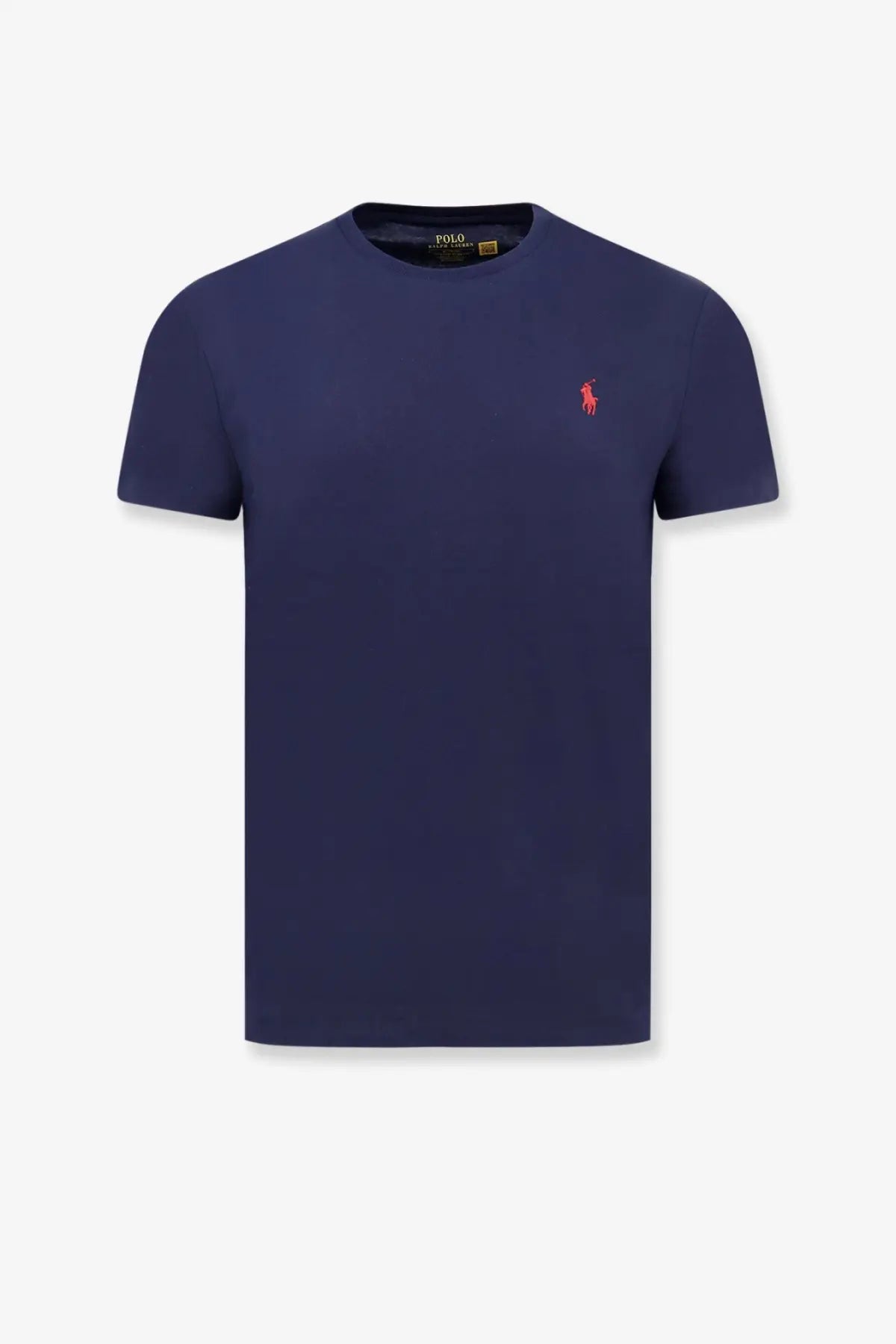 Navy blue Polo Ralph Lauren men’s cotton short-sleeved shirt with red embroidered polo player logo on left chest