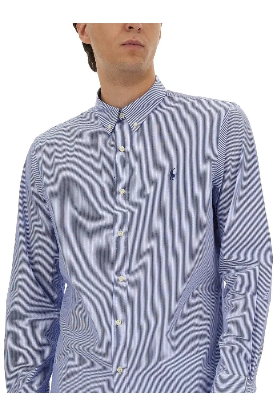 Polo Ralph Lauren men’s cotton shirt in blue with white stripes and navy blue embroidered polo player logo on chest