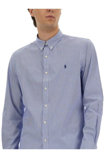 Polo Ralph Lauren men’s cotton shirt in blue with white stripes and navy blue embroidered polo player logo on chest