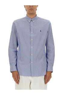 Polo Ralph Lauren men’s blue and white striped cotton shirt with long sleeves and embroidered polo player logo