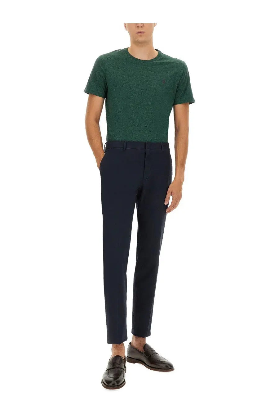 Dark navy blue tailored trousers with sleek straight-leg cut complement polo ralph lauren men’s cotton green shirt