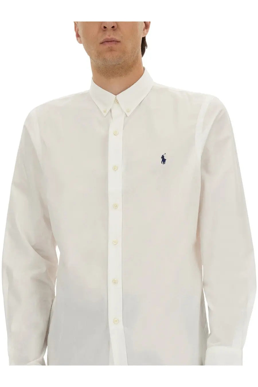 Polo ralph lauren men’s white cotton button-down shirt with small navy blue embroidered polo player logo on chest