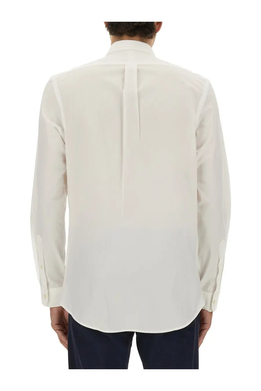 Polo ralph lauren men’s white cotton dress shirt with subtle back pleat and classic collar shown from the back